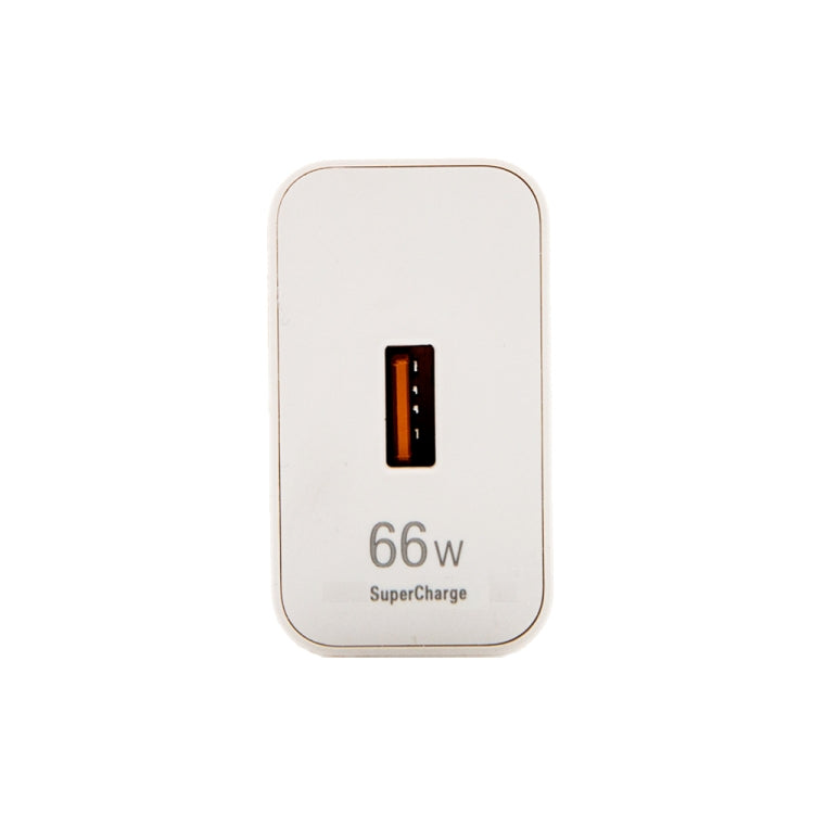 White 66W USB fast-charging travel charger with single orange USB port on front.