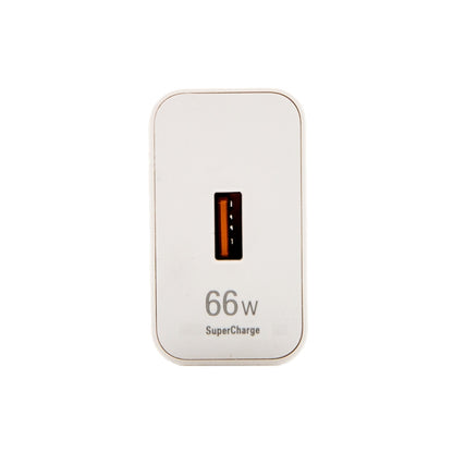 White 66W USB fast-charging travel charger with single orange USB port on front.