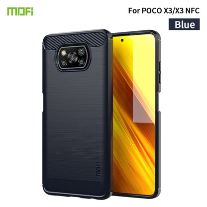 Blue soft TPU phone case with brushed carbon-fiber texture and camera cutout