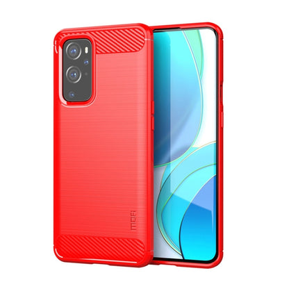 Soft TPU phone case for OnePlus 9, red brushed finish with carbon-fiber top trim