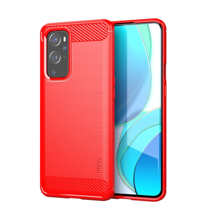 MOFI TPU phone case for OnePlus 9 Pro, red brushed texture with carbon-fiber accents