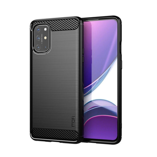 Carbon-fiber textured TPU phone case with matte back and camera cutout, dark black.