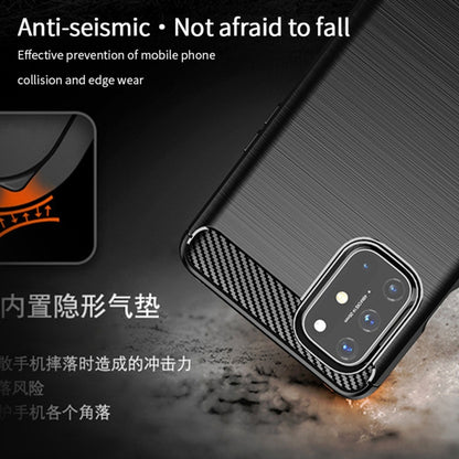 Rugged TPU phone case with brushed finish and carbon-fiber corner trim, dark black.