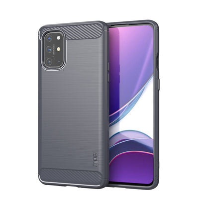Brushed TPU phone case in light grey with carbon-fiber top trim and camera cutout.