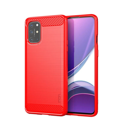 Red TPU phone case with brushed texture, carbon-fiber top panel, and camera cutout.