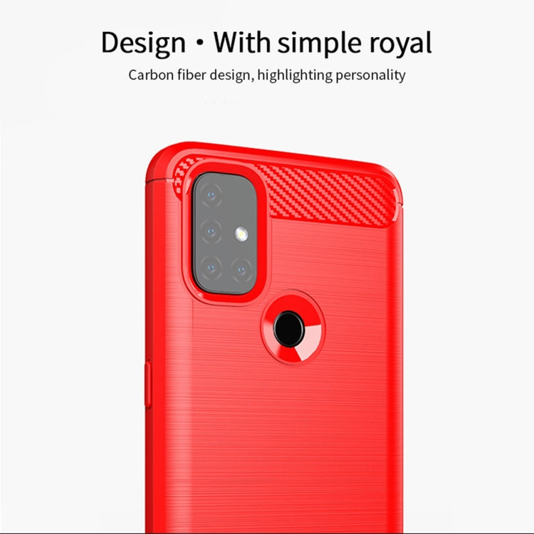 Red TPU phone case with carbon fiber texture and camera cutout, ring holder design