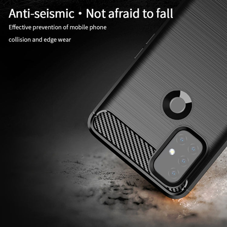Black TPU phone case with carbon fiber grip texture, raised corners, and camera opening