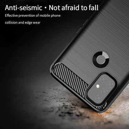Black TPU phone case with carbon fiber grip texture, raised corners, and camera opening