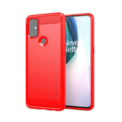 Red TPU phone case with carbon fiber brushed texture and camera opening for phone