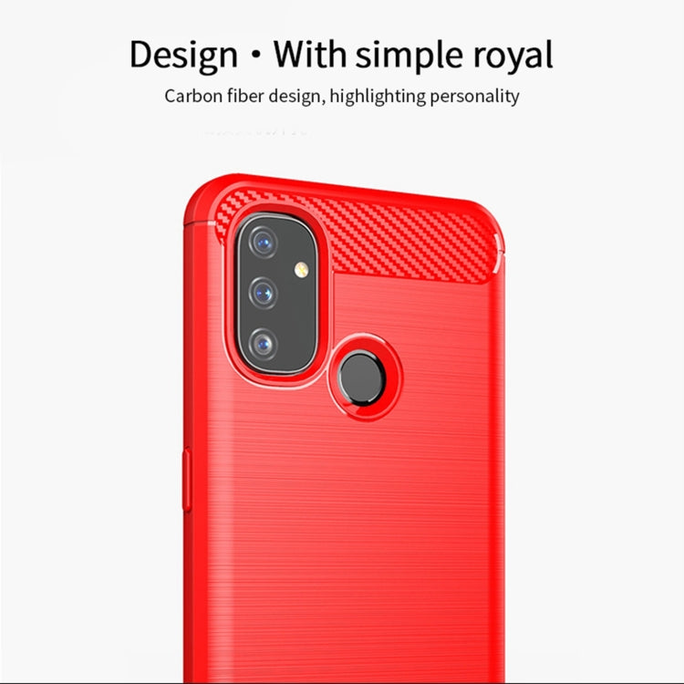 Red TPU phone case with carbon-fiber textured top and camera cutouts