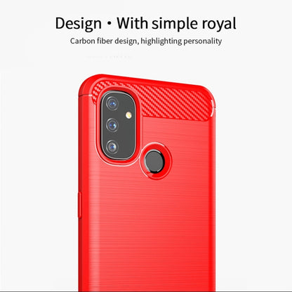 Red TPU phone case with carbon-fiber textured top and camera cutouts