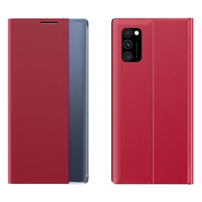 Red textured flip leather phone case with card-slot flap and camera cutout, dual view