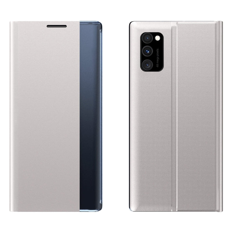 Light gray textured flip leather phone case with card-slot flap and camera cutout, dual view