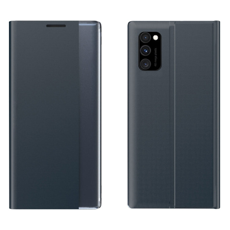 Dark gray textured flip leather phone case with card-slot flap and camera cutout, dual view