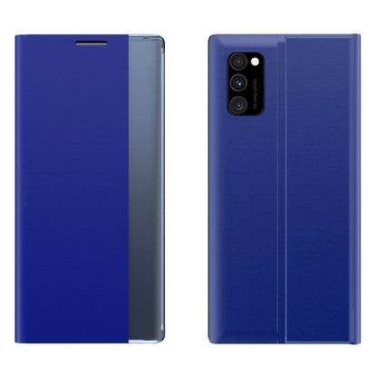 Blue textured flip leather phone case with card-slot flap and camera cutout, dual view