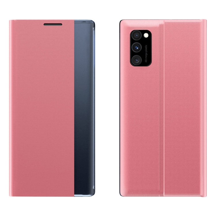 Pink textured flip leather phone case with card-slot flap and camera cutout, dual view