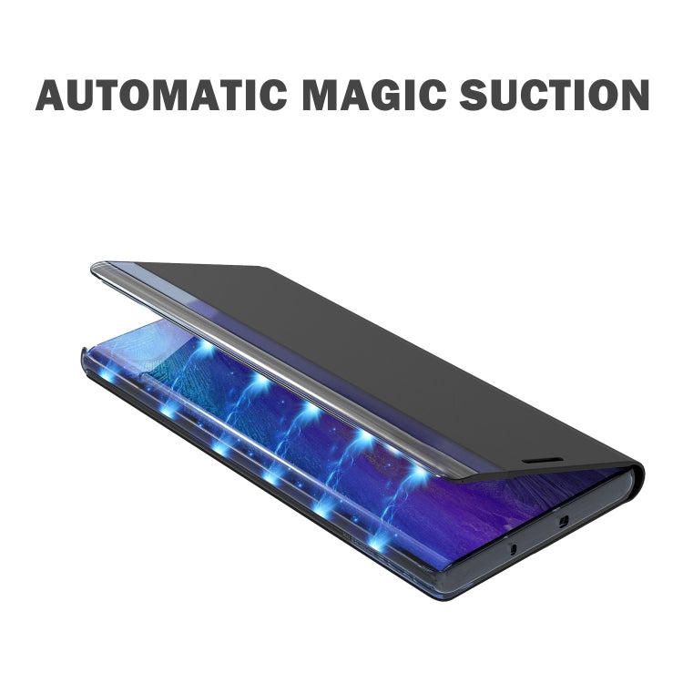 Flip phone case with front cover open showing screen, sleek leather texture.