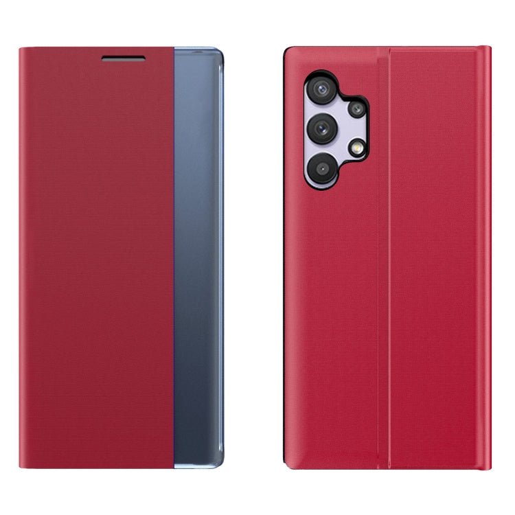 Red textured flip leather phone case with card-slot flap and triple camera cutout, dual view