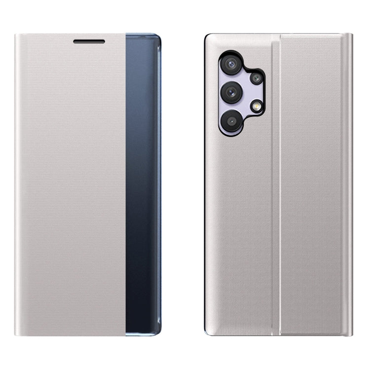 Light gray textured flip leather phone case with card-slot flap and triple camera cutout, dual view