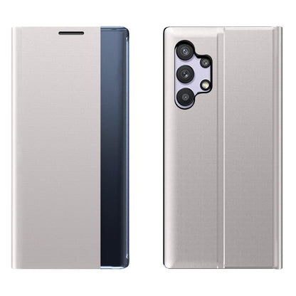 Light gray textured flip leather phone case with card-slot flap and triple camera cutout, dual view
