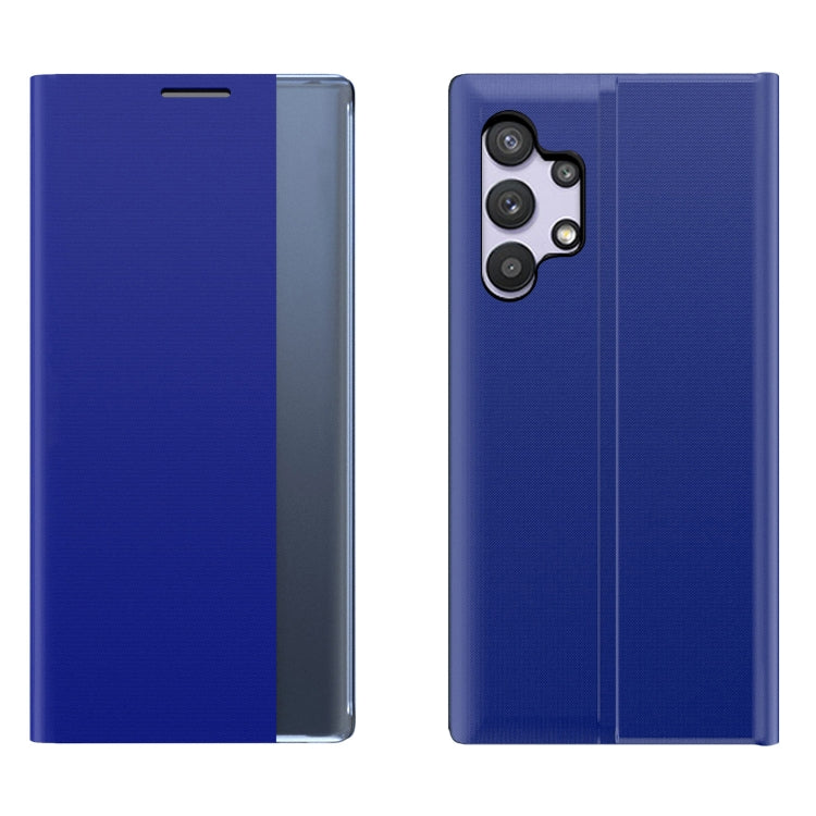 Blue flip leather phone case with textured fabric finish and camera cutout.