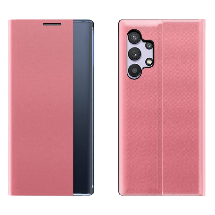 Pink flip leather phone case with textured fabric finish and camera cutout.