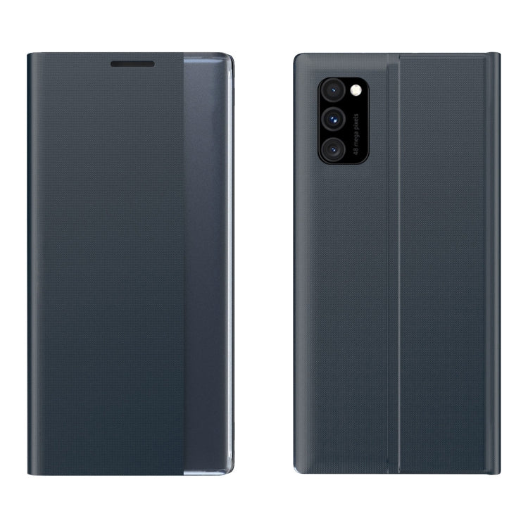 Dark gray flip leather phone case with textured fabric finish and camera cutout.