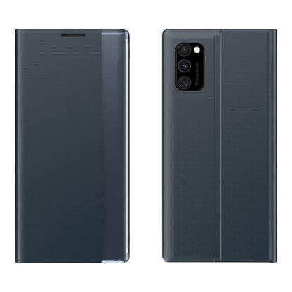 Dark gray flip leather phone case with textured fabric finish and camera cutout.