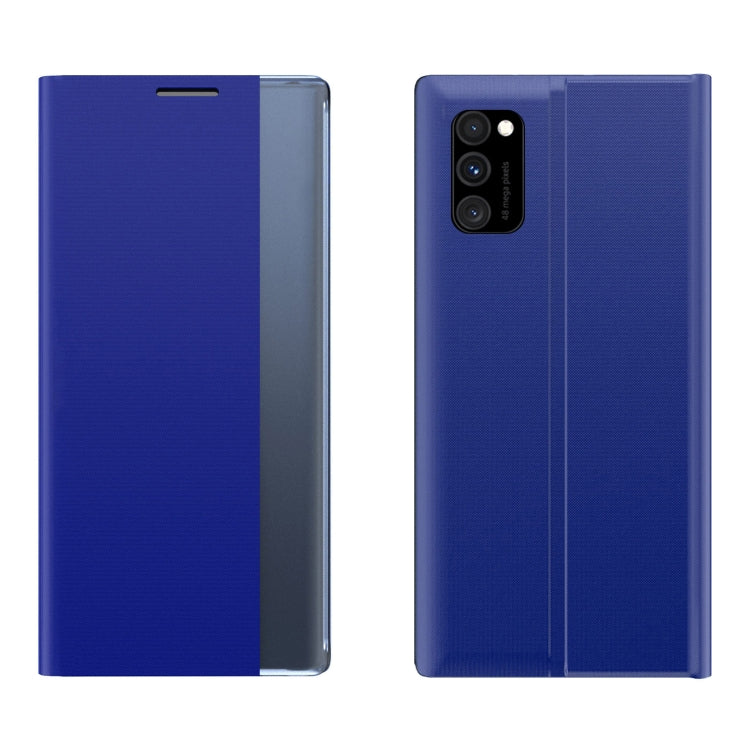 Royal blue flip leather phone case with textured fabric and camera opening.