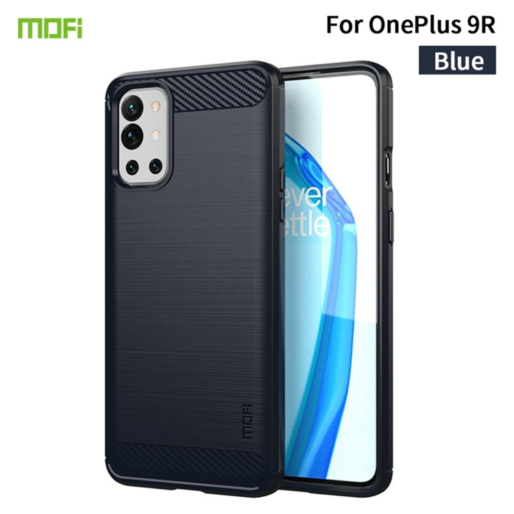 MOFI blue phone case for OnePlus 9R, brushed carbon-fiber texture, soft TPU protection