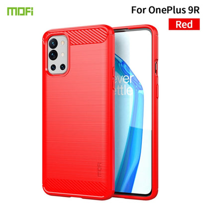MOFI red phone case for OnePlus 9R, brushed carbon-fiber texture, soft TPU protection