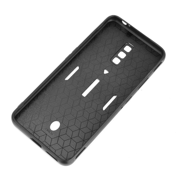Shockproof phone case interior with black textured pattern and camera cutout opening