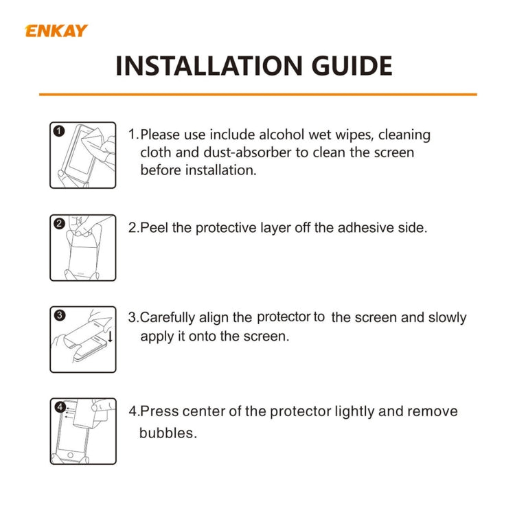 ENKAY tempered glass screen protector installation guide with four step instructions
