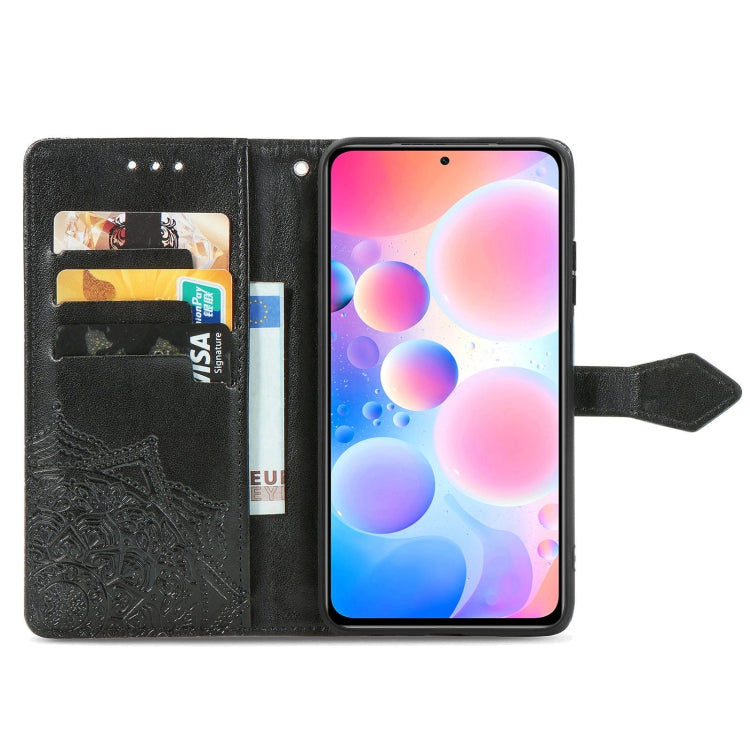 Black embossed mandala wallet phone case with card slots and folded stand flap
