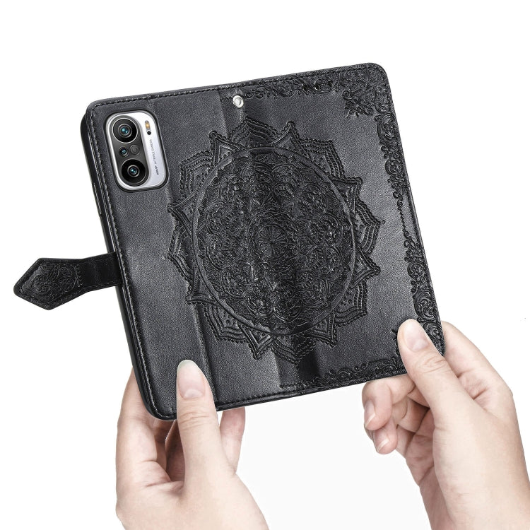 Black embossed mandala folio phone case with lanyard strap and secure flip cover