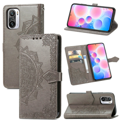 Gray embossed mandala flip leather phone case with card slots and adjustable stand