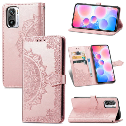 Rose pink embossed mandala flip leather phone case with card slots and fold-out stand