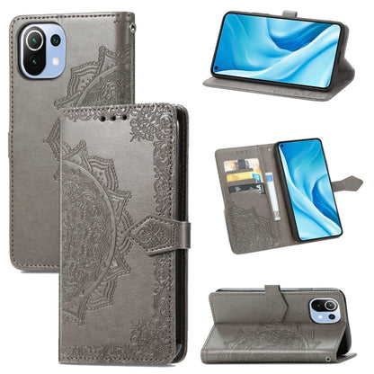 Grey embossed mandala leather wallet phone case with card slots and kickstand