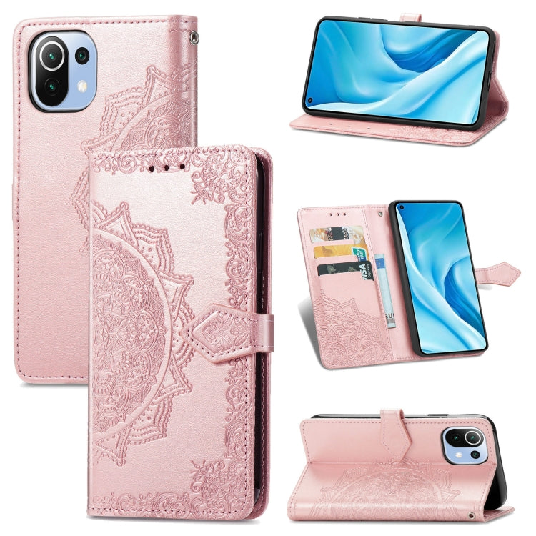 Light pink mandala embossed leather-style phone wallet case with card slots and stand