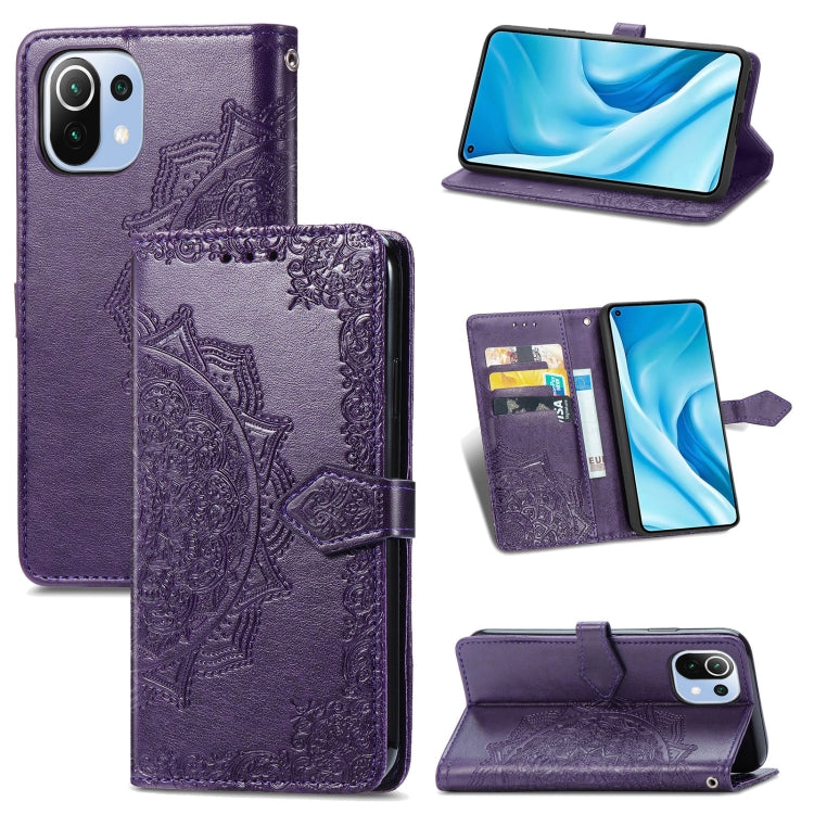 Purple mandala-embossed folio wallet phone case with card slots and kickstand