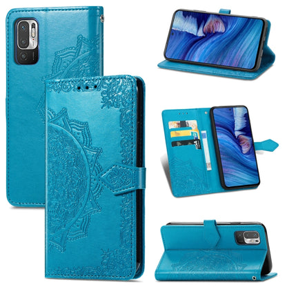 Blue embossed mandala leather phone wallet case with card slots and kickstand
