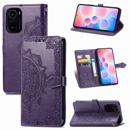 Purple embossed mandala flip leather wallet case with card slots and phone holder.