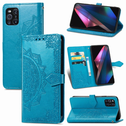 Blue embossed mandala flip leather wallet case with card slots and phone holder.
