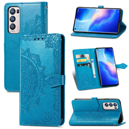 Blue mandala-emboss leather flip phone case with card slots and kickstand.
