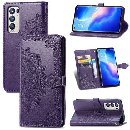 Purple mandala-emboss leather flip phone case with card slots and kickstand.