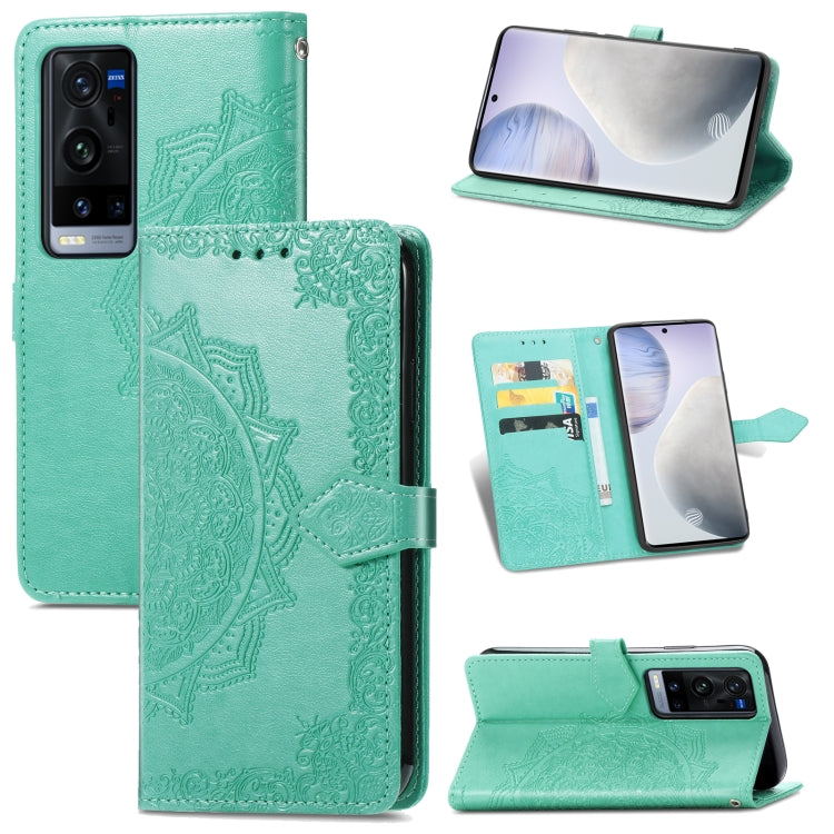 Mandala embossed leather phone wallet case with horizontal flip, card slots, lanyard, teal