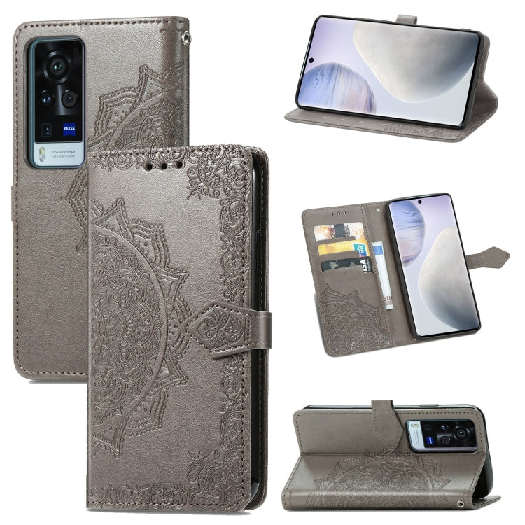 Mandala embossed leather phone wallet case with horizontal flip, card slots, lanyard, gray