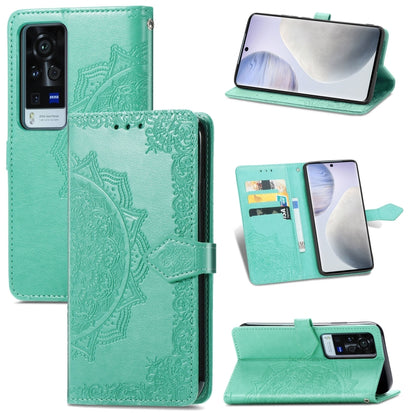 Mandala embossed leather phone wallet case with horizontal flip, card slots, lanyard, mint green