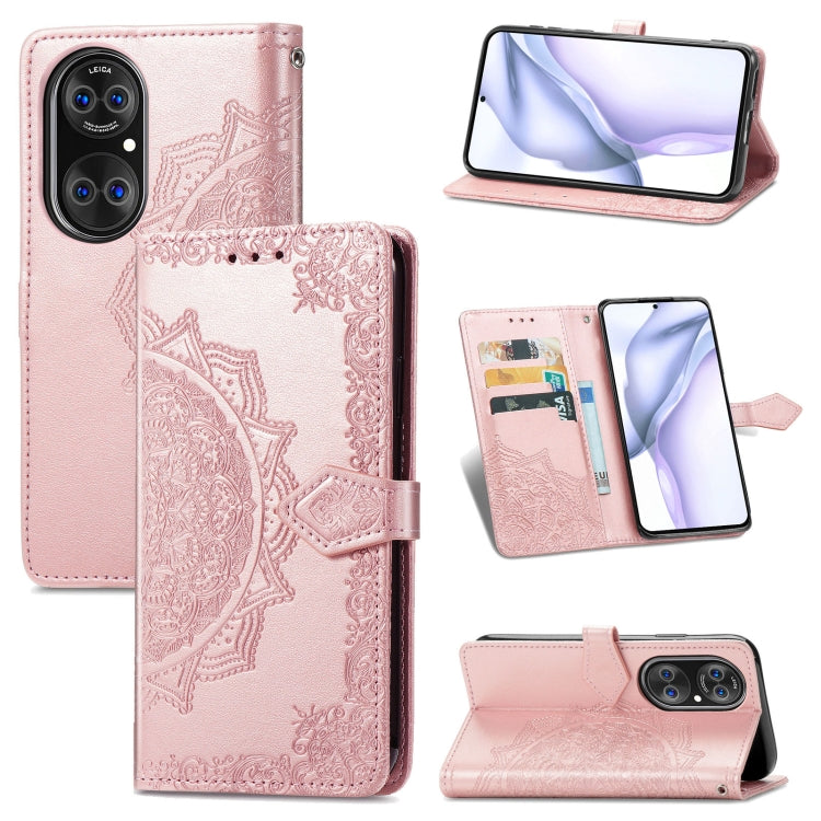 Rose pink embossed mandala leather-style phone wallet case with card slots and stand