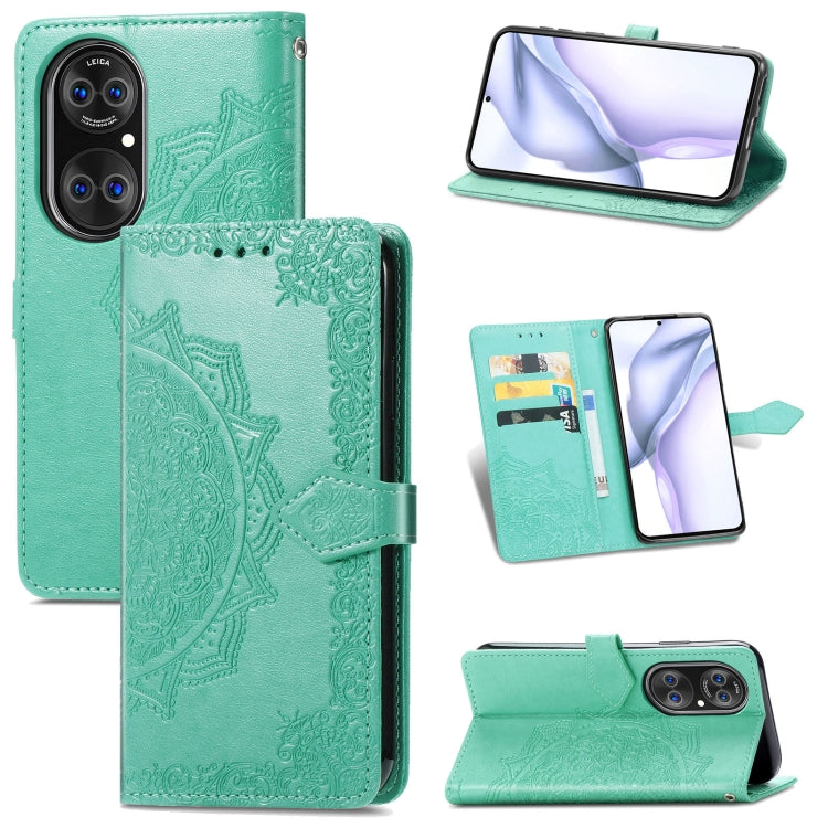 Teal embossed mandala leather-style phone wallet case with card slots and stand